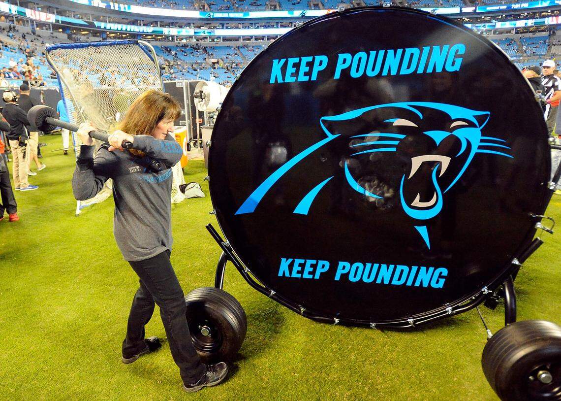The Carolina Panthers honor the phrase “Keep Pounding” on the drum that is banged before every game. drummer Jan Kuhn takes practice swings prior to the start of the Tampa Bay Buccaneers vs Carolina Panthers game at Bank of America Stadium on Monday, October 10, 2016.