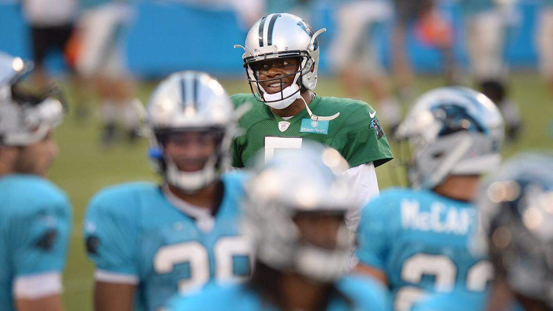 Carolina Panthers quarterback Teddy Bridgewater talks with members of his team prior to a series during practice at Bank of America Stadium on Wednesday, August 26, 2020.