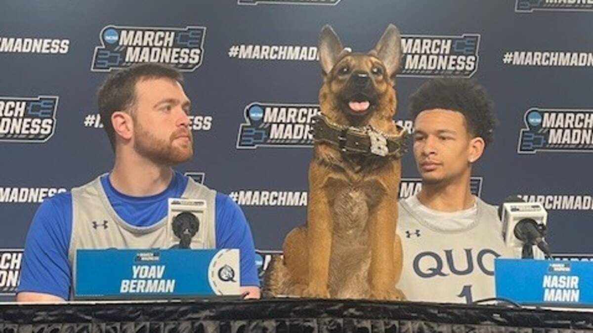 Queens players Yoav Berman and Nasir Mann sit with Buddy, the team’s “mascot,” at the Royals’ NCAA Tournament press conference on Thursday in St. Louis. 