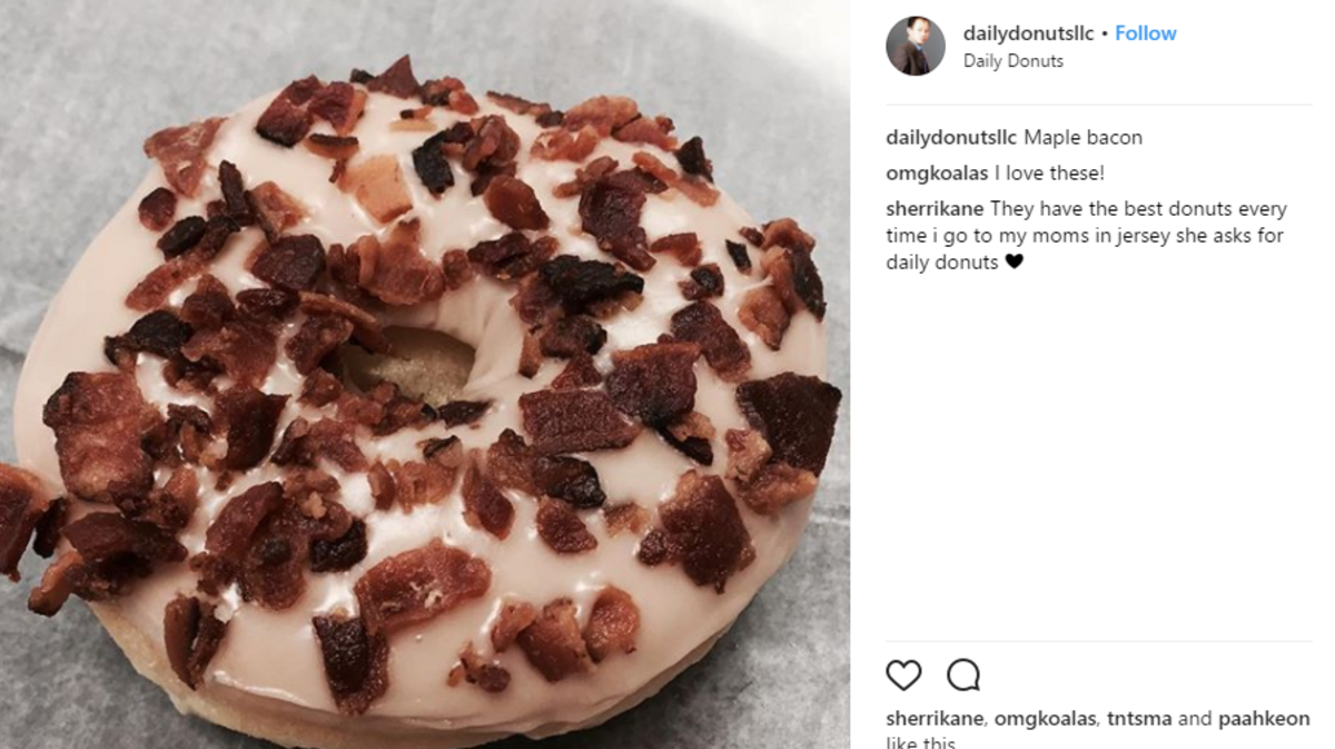 One of Daily Donuts' specialties is a maple bacon doughnut, with bacon bits on top.
