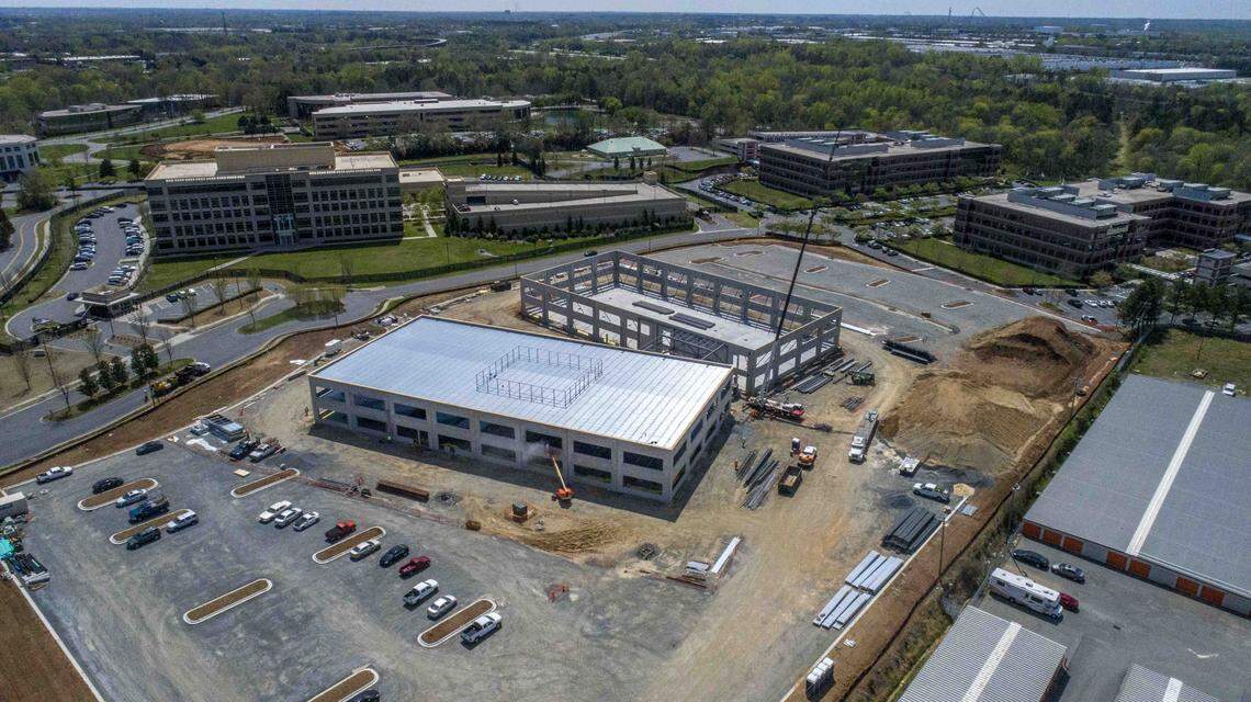 A drone shot of construction at the Edison at Arrowood, a "creative office" building opening this summer.