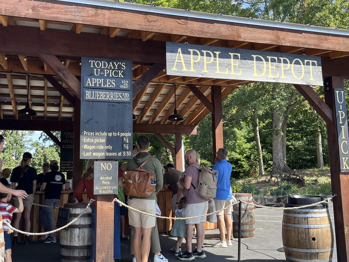 On a bright day at a farm, customers wait in line at the “Apple Depot,” a wooden structure where they can purchase baskets for U-pick apples and blueberries. A large chalkboard sign lists the prices and rules, including information on wagon rides. The scene is rustic, with wooden barrels and a backdrop of trees.