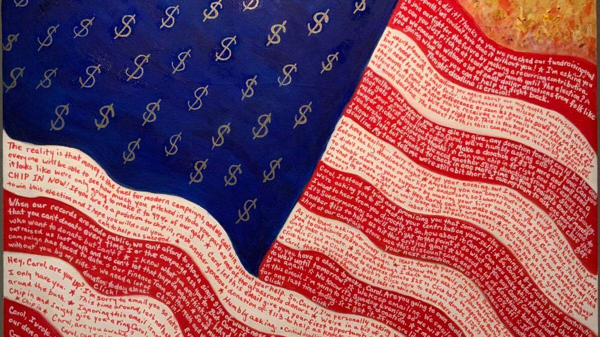 North Carolina artist Carol Spruill painted “Political Messaging in America the Beautiful” as a commentary on the way we fund political campaigns in the United States.
