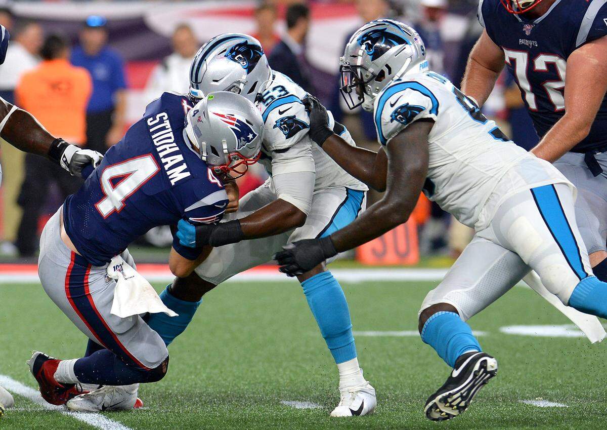 While Carolina Panthers edge rusher Brian Burns had four sacks in the preseason, including this one against New England, the rookie will try to get his first real NFL sack Thursday night against Tampa Bay.