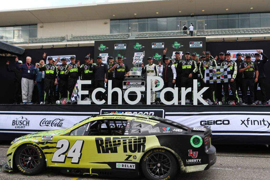 Mar 24, 2024; Austin, Texas, USA; NASCAR Cup Series driver William Byron (24) waits to exit the car in victory lane after winning the EchoPark Automotive Grand Prix at Circuit of the Americas.