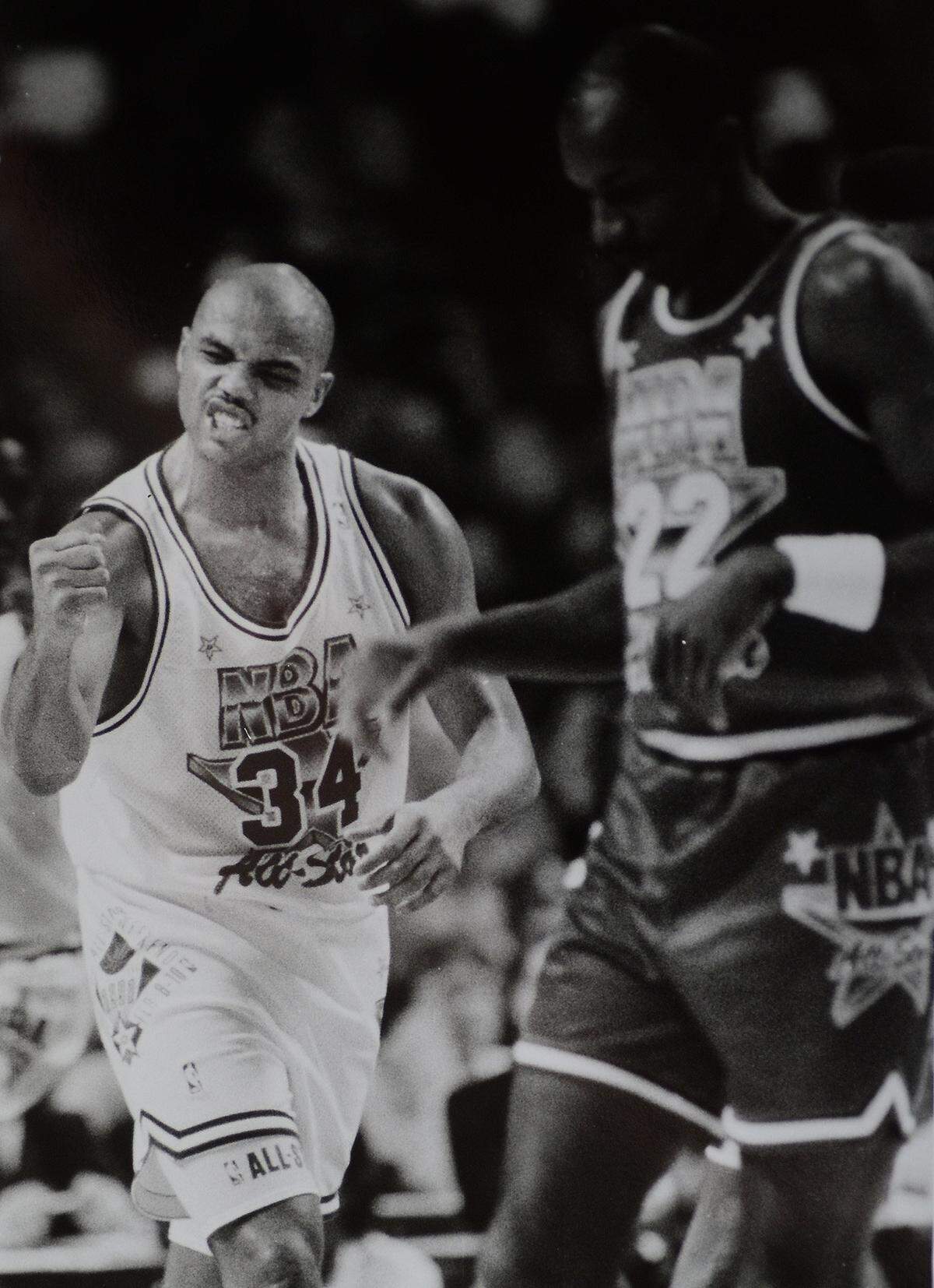 Philadelphia 76ers forward Charles Barkley celebrates a play during the 1991 NBA All Star game at the Charlotte Coliseum in Charlotte, NC.