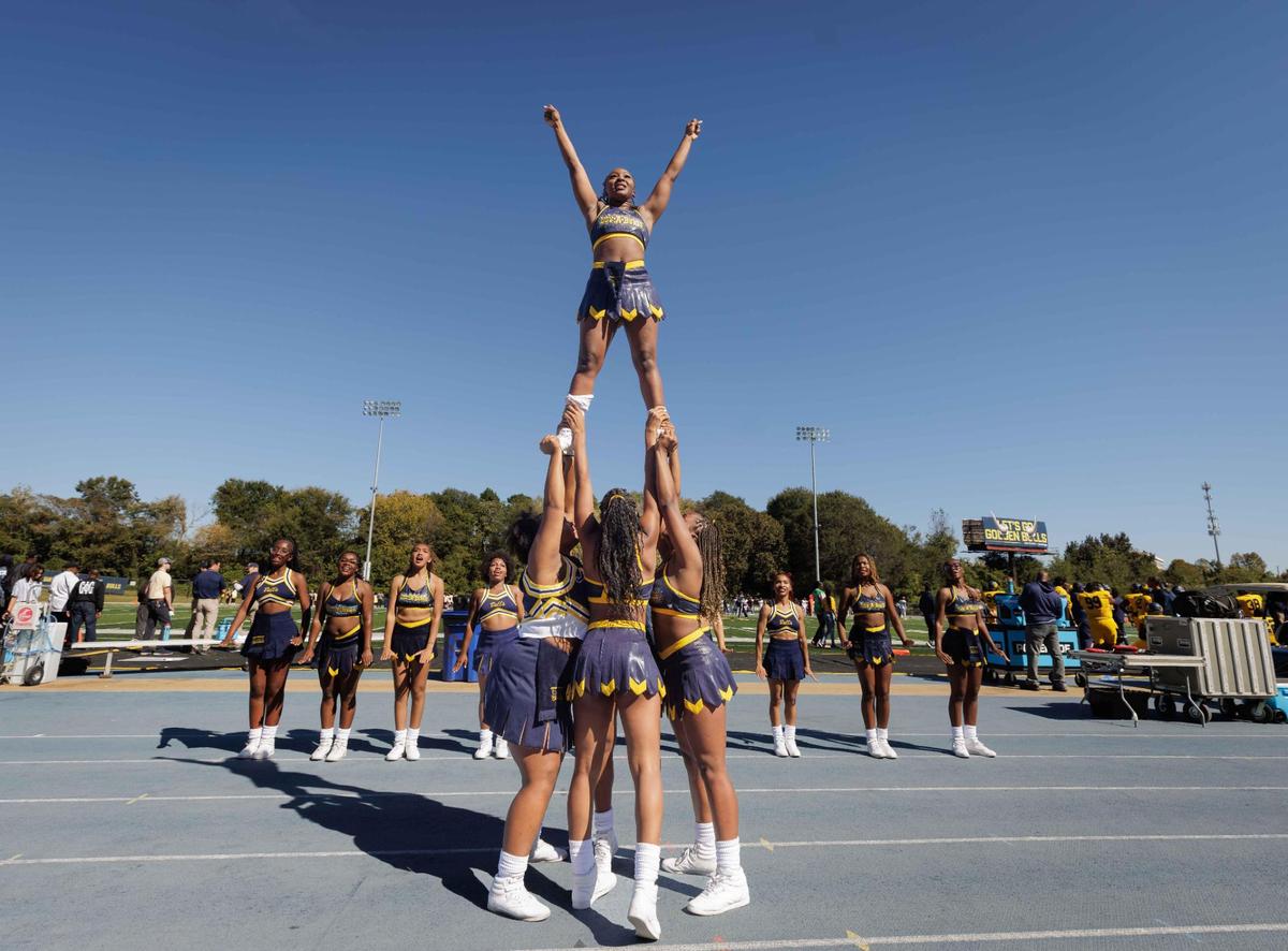 Johnson C. Smith cheerleaders perform at the homecoming football game. The Bulls go to 7-0 as they defeat Shaw University 21-14 Saturday October 19, 2024.