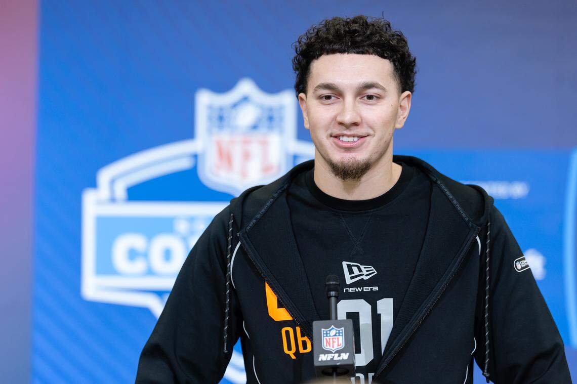 Tennessee Volunteers quarterback Joey Aguilar speaks to the media during the 2026 NFL Draft Combine at the Indiana Convention Center on Feb. 27, 2026 in Indianapolis, Indiana. 