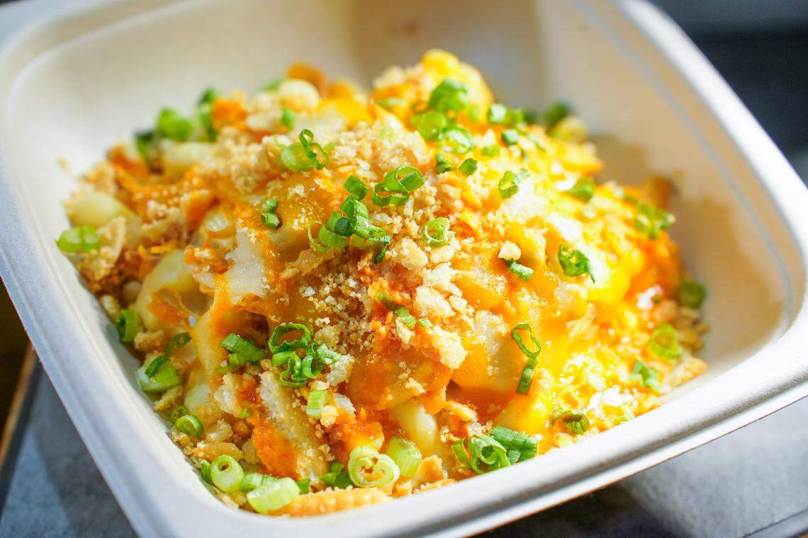A Buffalo chicken mac and cheese cart will sit on the 100 level of Bank of America stadium, and it’s available on the 500 level, too.