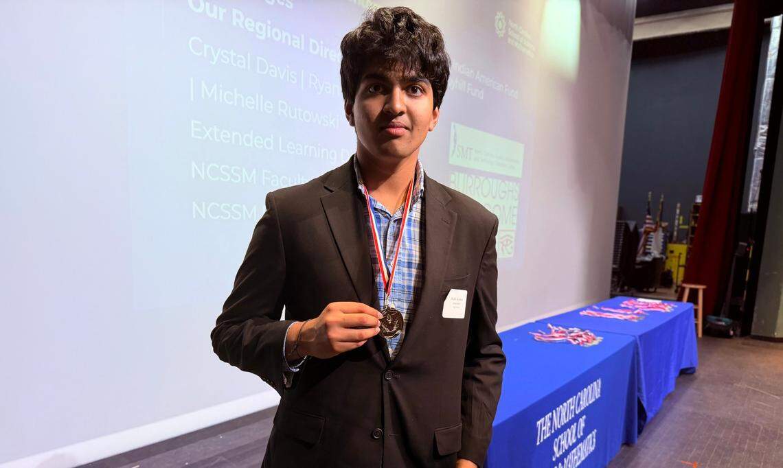Aadit Krishna, a sophomore at Central Academy of Technology and Arts in Monroe, is pictured here at the NC Student Academy of Science Awards in March. He won second place.