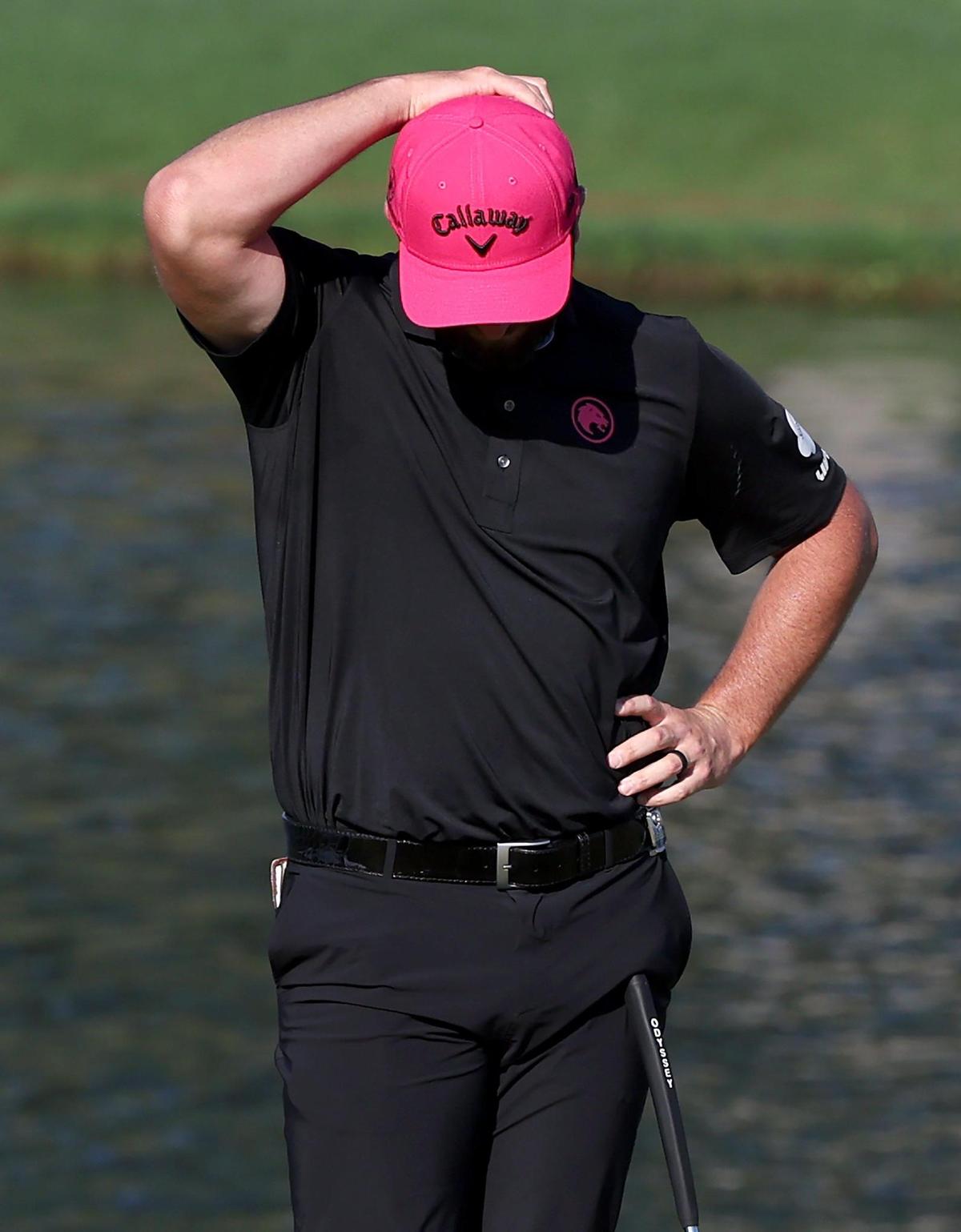 Jon Rahm reacts after missing a putt on the 16th green during the PGA Championship at Quail Hollow Club in Charlotte, NC on Sunday, May 18, 2025. Rahm finished at -4 for the tournament.