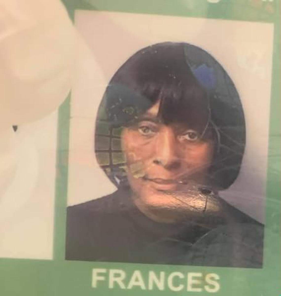 Prieska Outland snapped this photo of Frances Ross’s badge with her iPhone before leaving the restroom and heading to catch her bus.