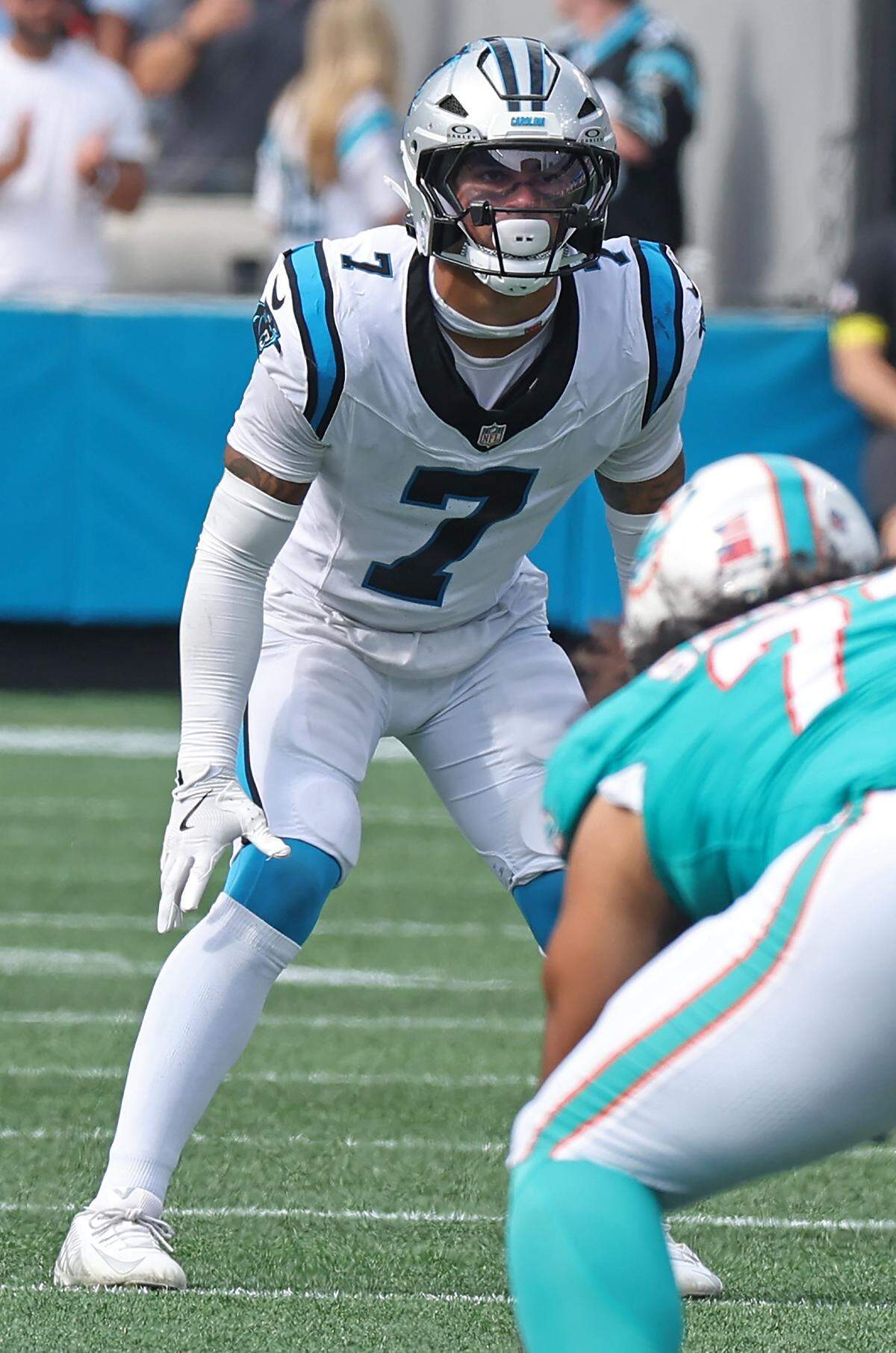 Carolina Panthers safety Tre'von Moehrig lines up waiting for the Miami Dolphins to snap the ball during action on Sunday, October 5, 2025 at Bank of America Stadium in Charlotte, NC. The Panthers defeated the Dolphins 27-24.