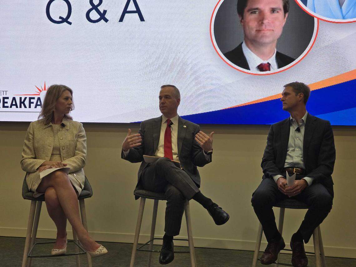 Advocate leaders Kinneil Clotman, Steve Smoot and Collin Lane participate in a panel about The Pearl, hosted by the Hood Hargett Breakfast Club. The Pearl is Charlotte’s first innovation district.