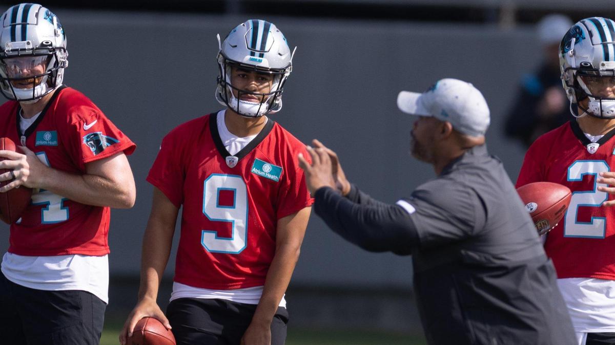 Panthers Bryce Young practices during Carolina Panthers practice in Charlotte, N.C., on Monday, June 1, 2023.