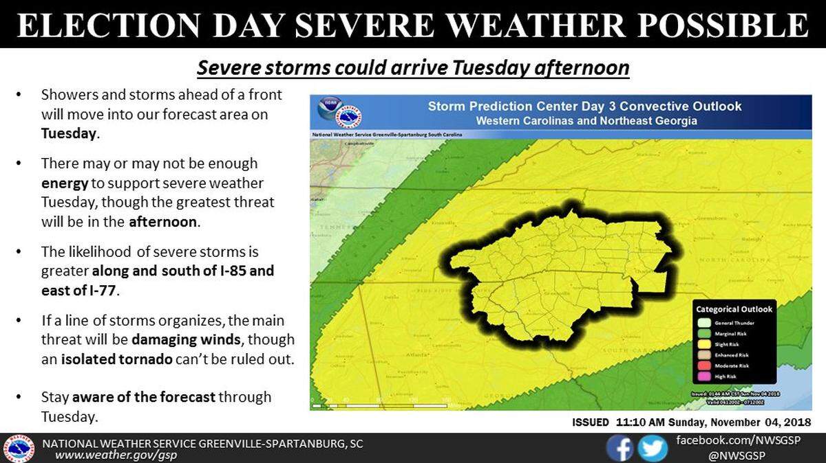 Rain is likely on Election Day in Charlotte, the National Weather Service said Sunday.