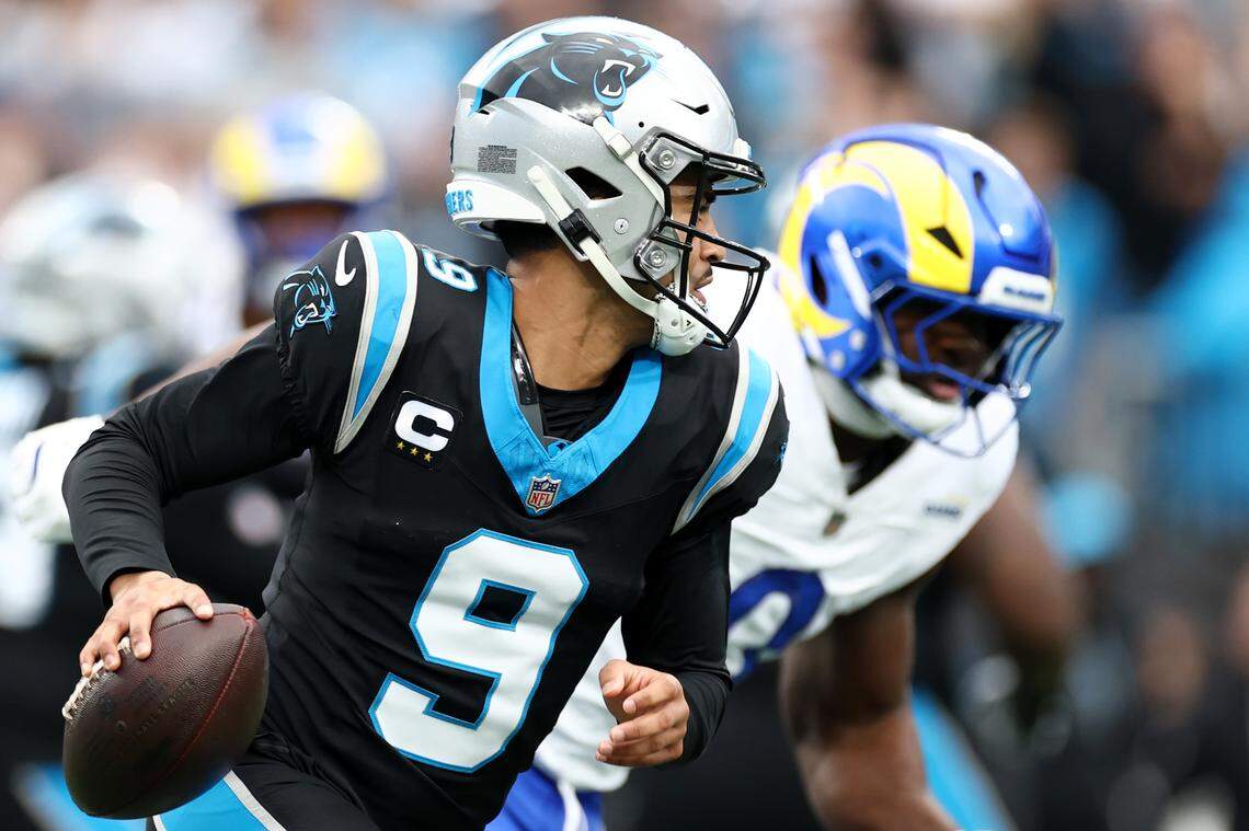 Carolina Panthers quarterback Bryce Young scrambles against the Los Angeles Rams.