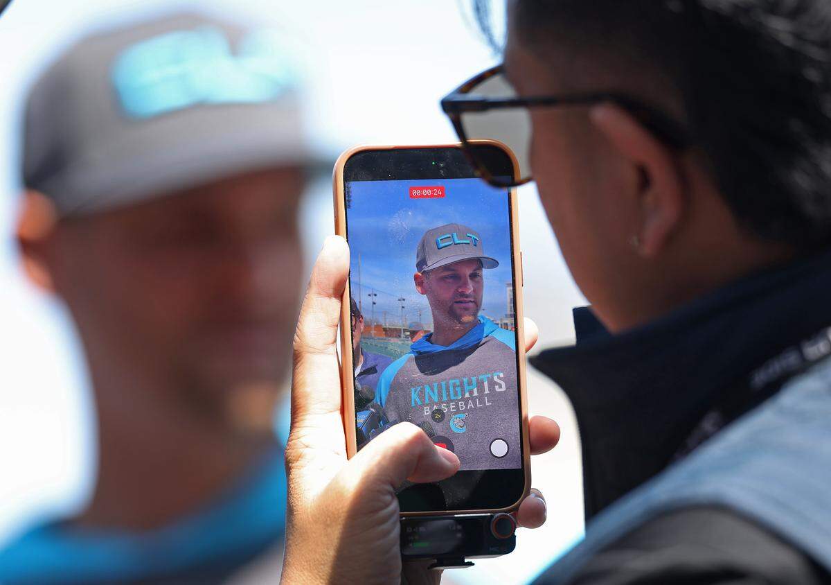 Charlotte Knights manager Chad Pinder meets with the media during the team’s media day on Wednesday at Truist Field. 