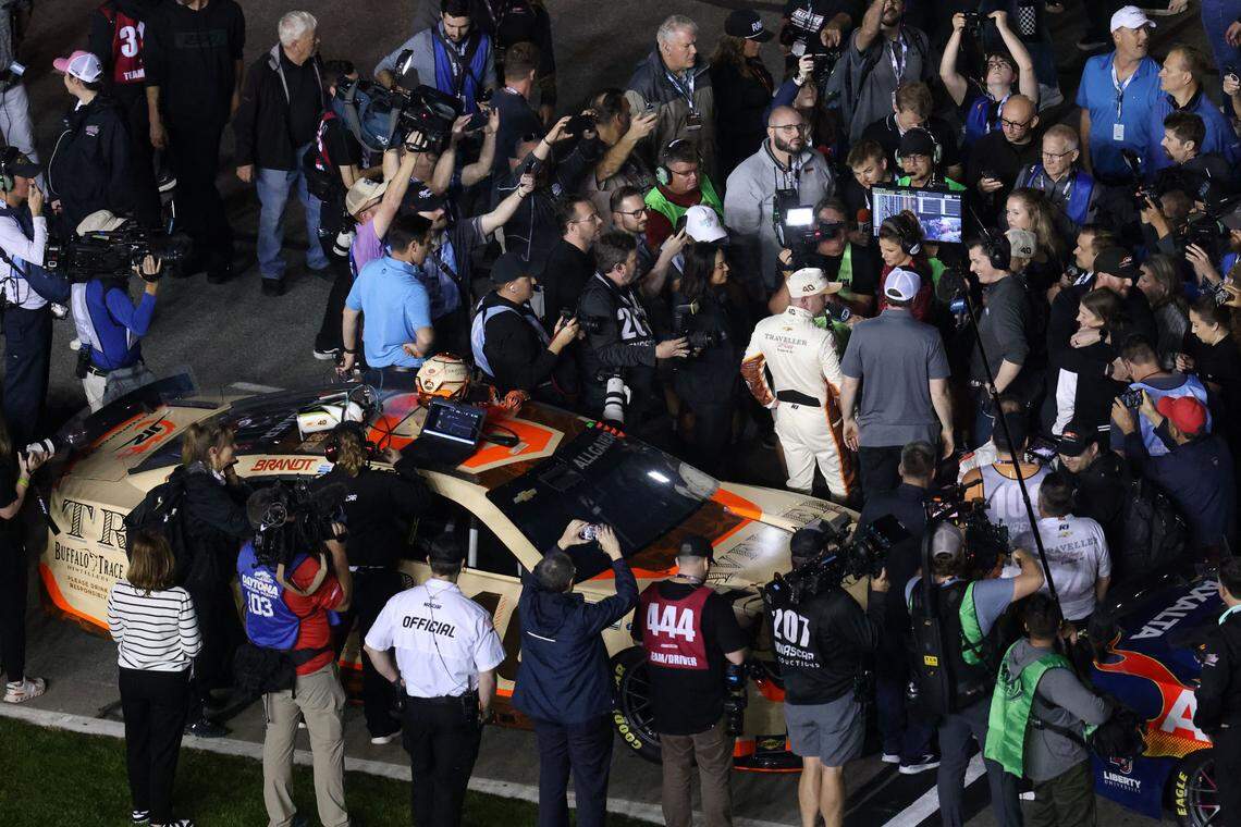 NASCAR Cup Series driver Justin Allgaier (40) talks to the media after qualifying for the Daytona 500 in Duel 1 at Daytona International Speedway.