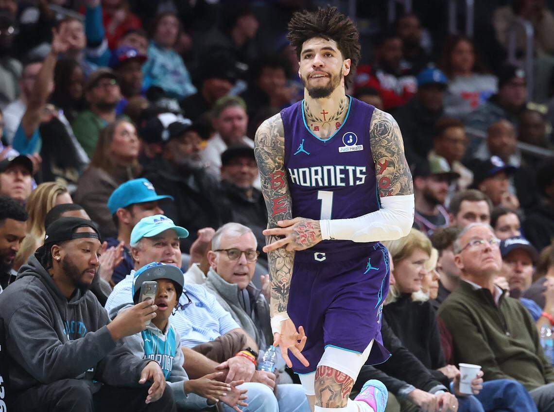 Charlotte Hornets guard LaMelo Ball celebrates a three-point basket during action against the Philadelphia 76ers at Spectrum Center in Charlotte, NC on Monday, January 26, 2026. The Hornets defeated the 76ers 130-93.