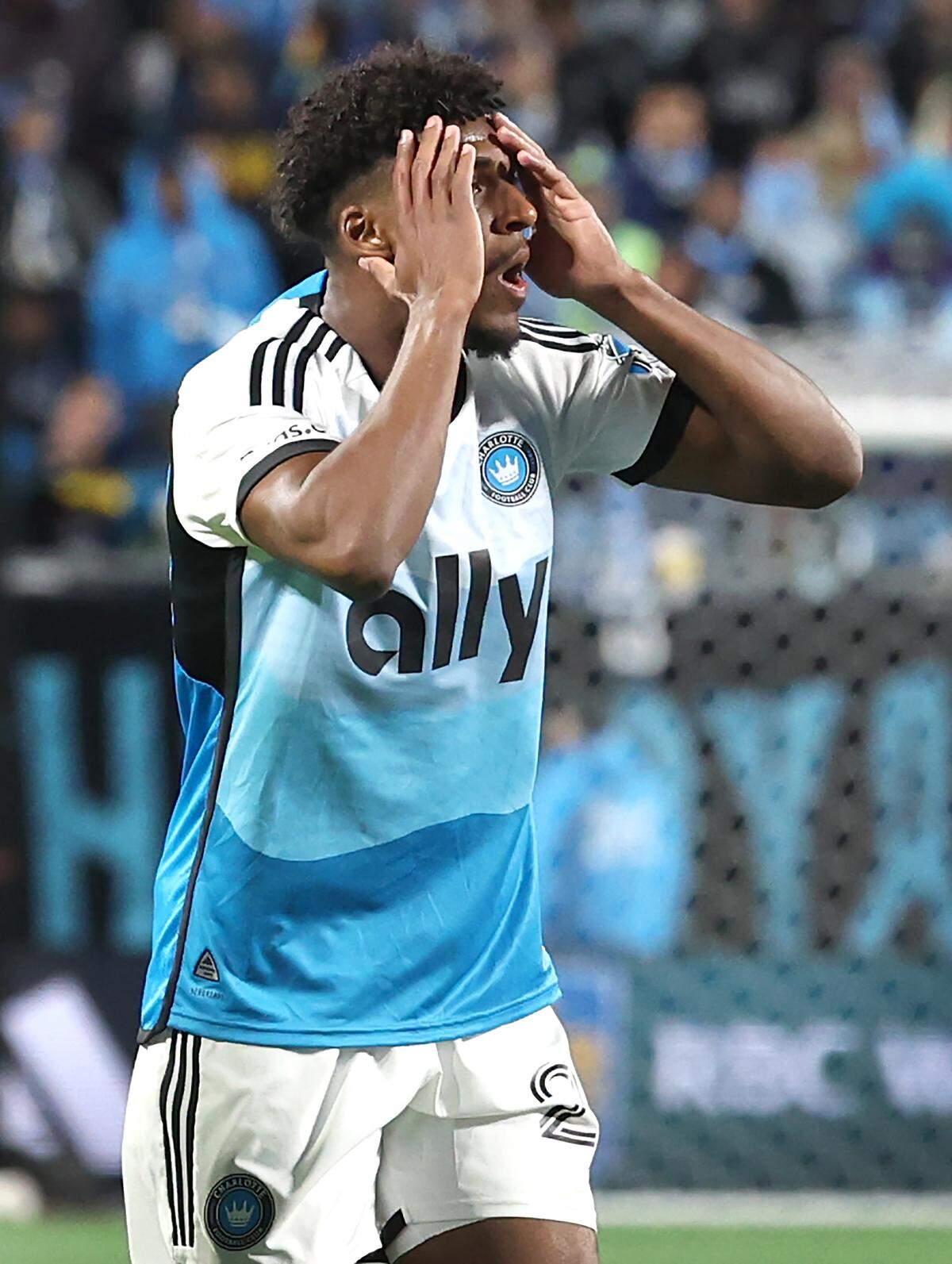 Charlotte FC centre back Adilson Malanda reacts to a call by referee Jon Freeman during action against the New York City FC on Tuesday, October 28, 2025 at Bank of America Stadium in Charlotte, NC.