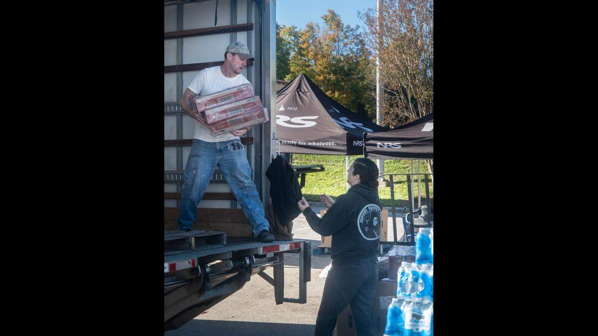 Actor Channing Tatum shocked Tropical Storm Helene relief volunteers with an unannounced visit to an Asheville food bank on Wednesday, Oct. 16, 2024.
