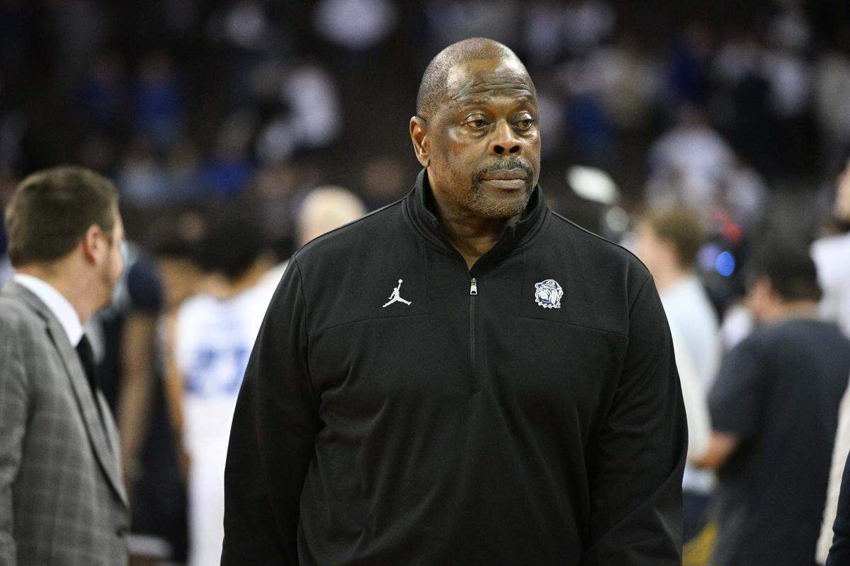 Former Georgetown Hoyas head coach Patrick Ewing reacts during a Big East game against the Creighton Bluejays at CHI Health Center Omaha. Ewing offered insight into the Hornets’ rebuild this weekend.