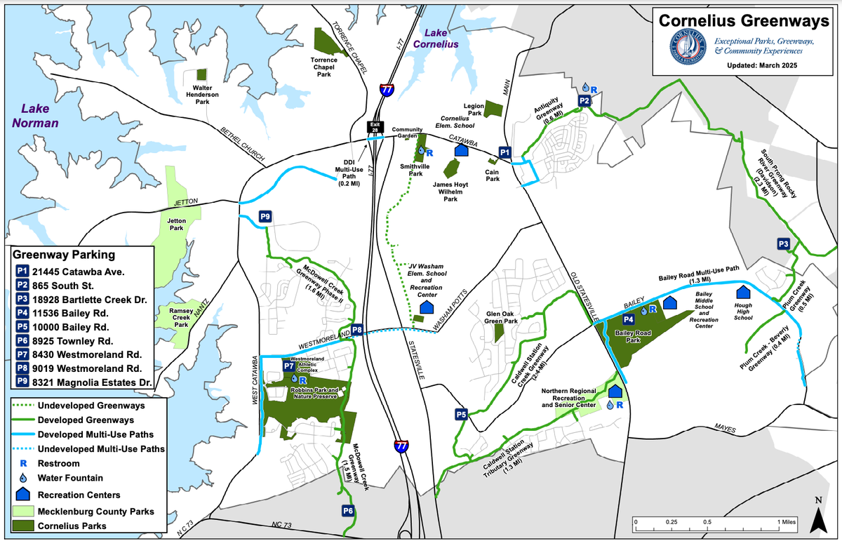 This map shows the network of greenways in the town of Cornelius, NC