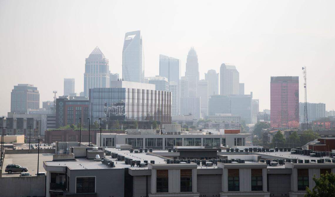 The Charlotte skyline appears hazy due to recent wildfires spread across Canada on Wednesday, June 7 2023. Mecklenburg and Union counties are under a Code Orange air quailty alert Friday, June 9, 2023.