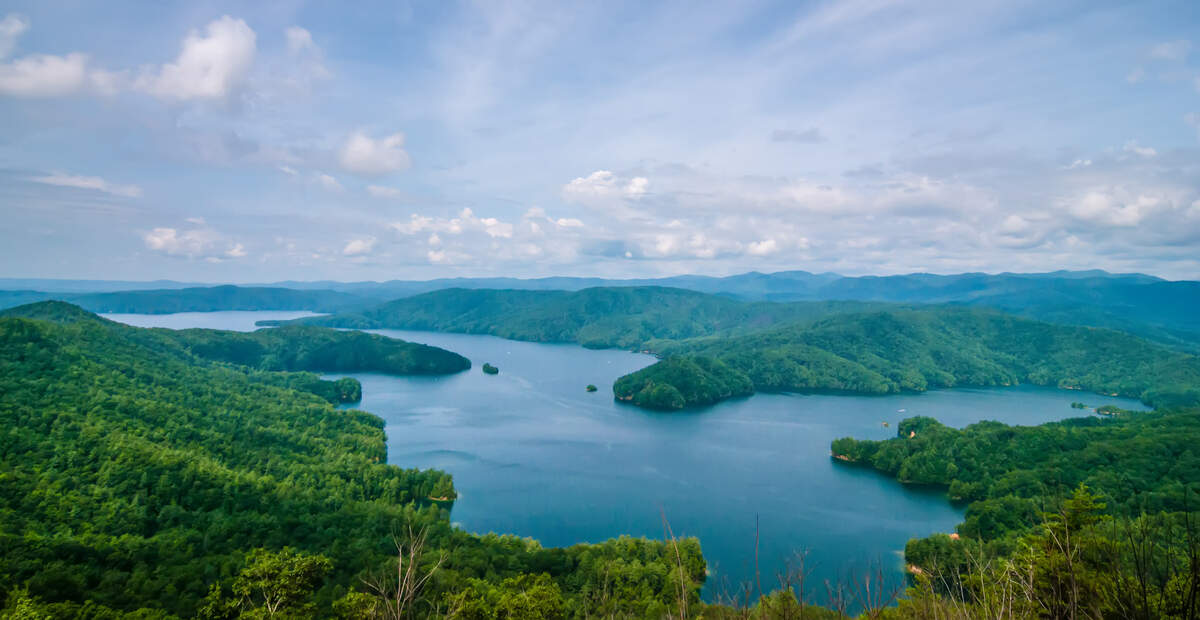 Aerial views over South Carolina’s Lake Jocassee.