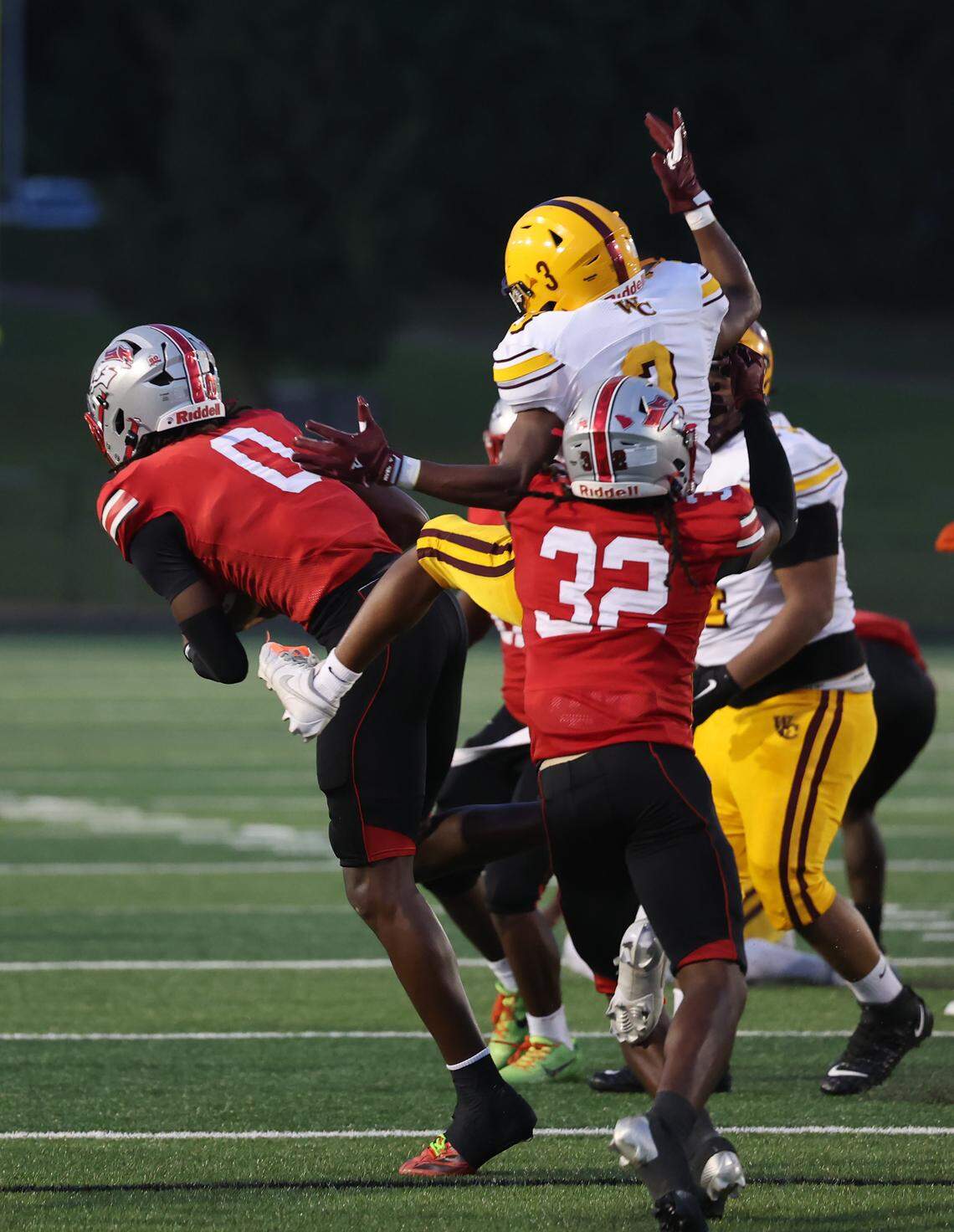 South Pointe's J'zavien Currence (0) makes an interception during a matchup with West Charlotte.