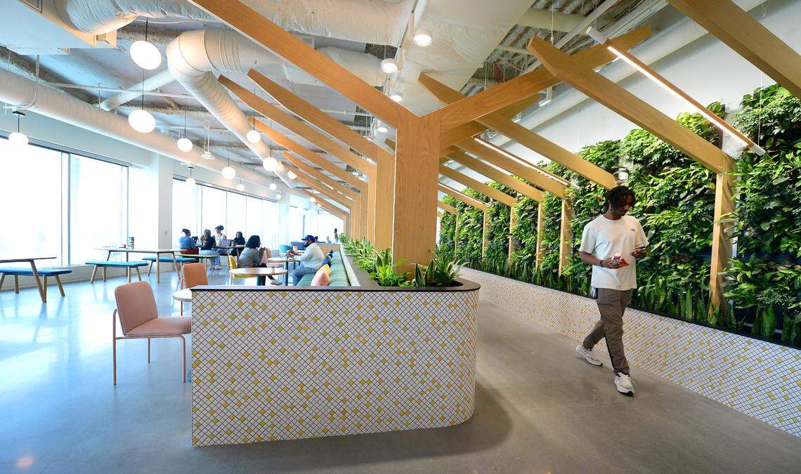 Personal finance company Credit Karma’s new Ballantyne corporate office offers employees spaces including a large lounge, left, a living wall, right, and a cafe on the 10th floor of Overlook building in Charlotte.