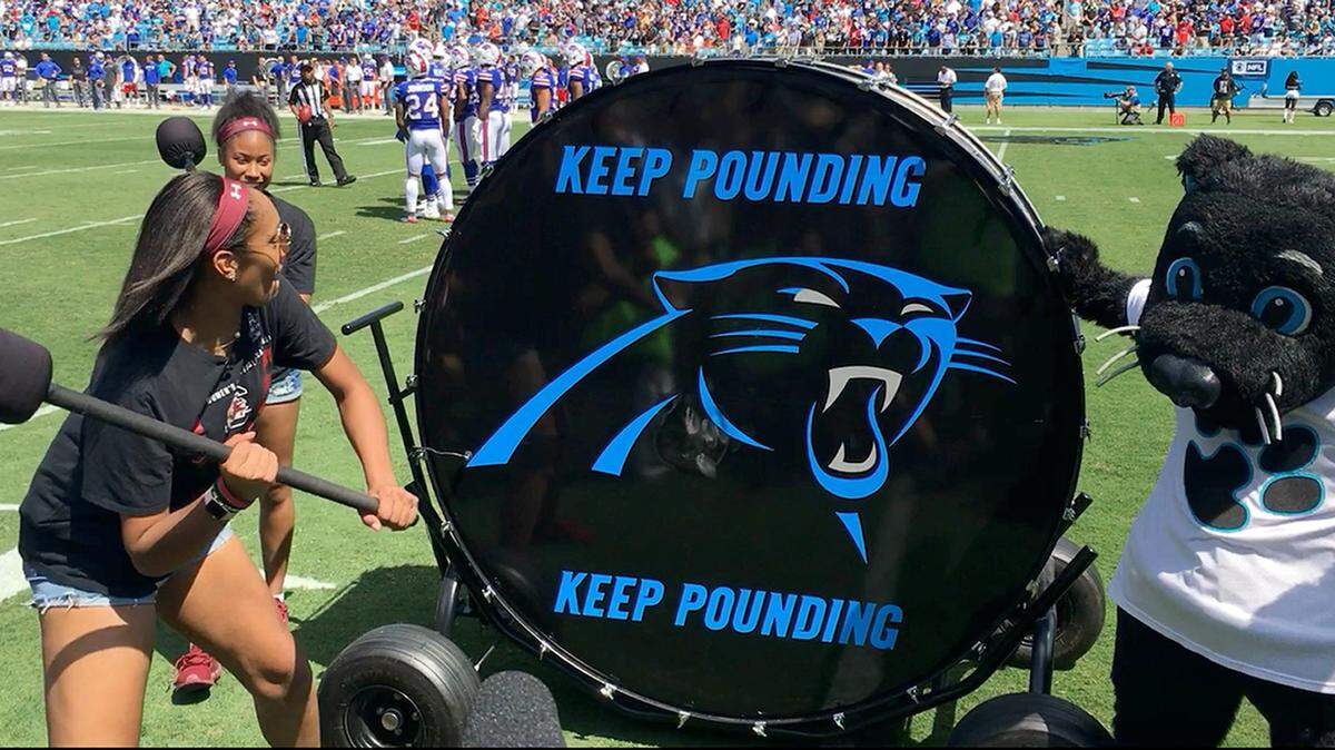 USC Gamecocks player A’ja Wilson hits the Keep Pounding Drum prior to the start of the Carolina Panthers-Buffalo Bills game during the home opener at Bank of America Stadium on Sunday, September 17, 2017. The Panthers led, 6-0 at halftime.