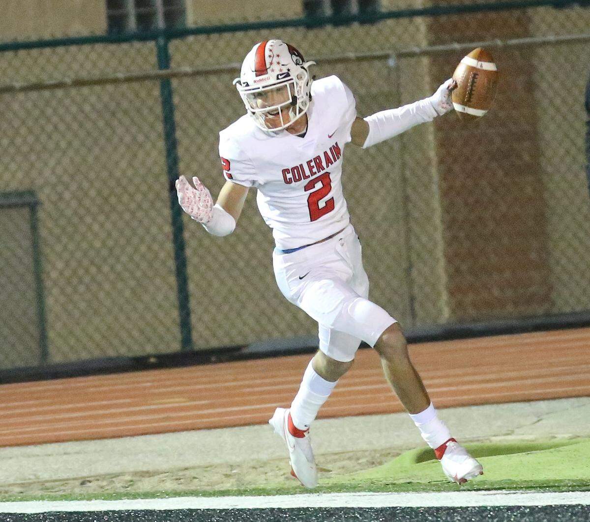 Isaiah Myers, who will wear jersey No. 2 for the Charlotte 49ers’ offense, celebrates after a touchdown during a Colerain High School game in Cincinnati, Ohio, on Friday, Oct. 16, 2020.