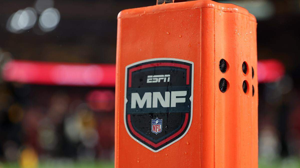 LANDOVER, MARYLAND - OCTOBER 13: A detailed view of an ESPN Monday Night Football pylon before the game between the Washington Commanders and the Chicago Bears at Northwest Stadium on October 13, 2025 in Landover, Maryland. (Photo by Scott Taetsch/Getty Images)