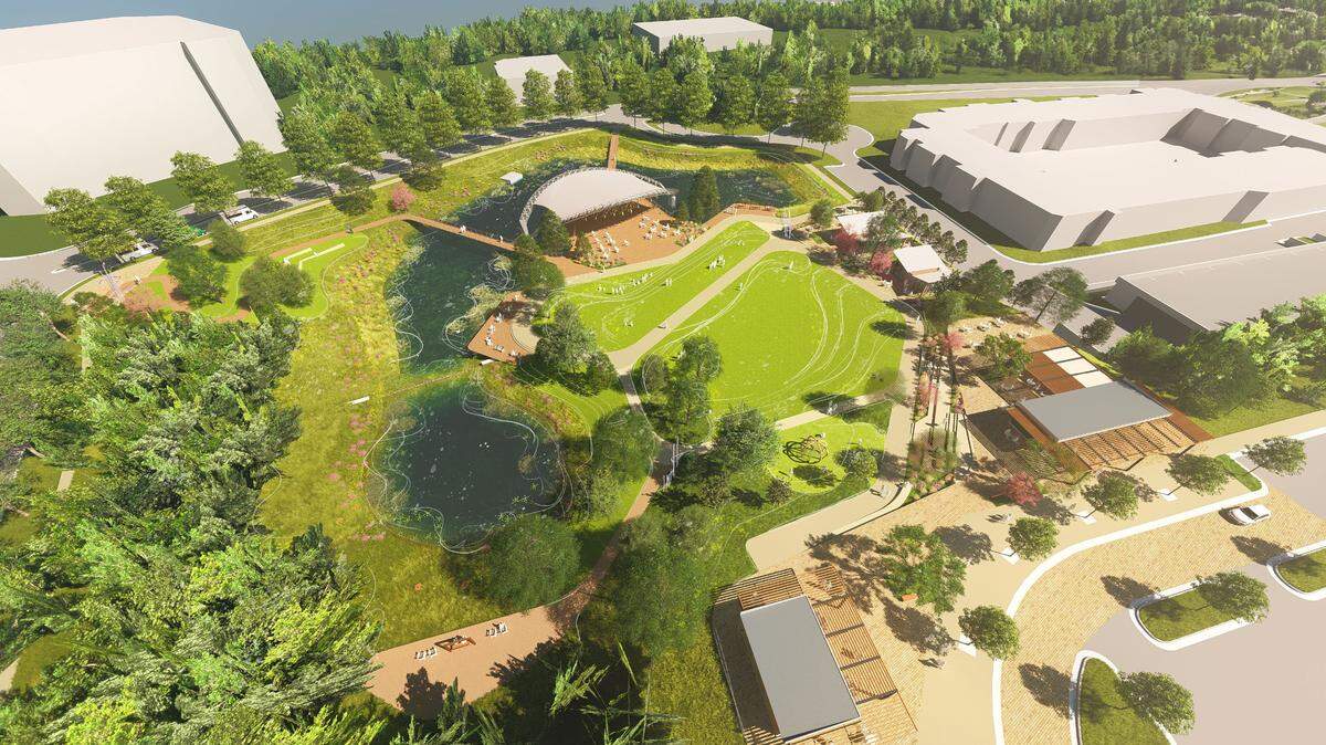 This rendering shows a renovated Symphony Park in the SouthPark area. SouthPark Community Partners is asking for government help to help pay for the renovations.