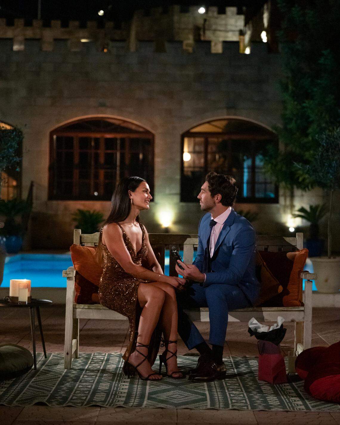 Charlotte’s Madina Alam and Joey Graziadei during the cocktail party on “The Bachelor.”
