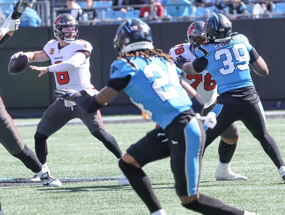 Tampa Bay Buccaneeers quarterback Baker Mayfield looks downfield Sunday, Oct. 2026 during the game against the Carolina Panthers at Bank of America Stadium in Charlotte.