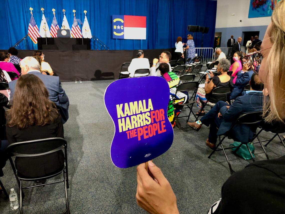 Anderson Clayton waves a Kamala Harris fan prior to Vice President Harris’ remarks at the Carole A. Hoefener Community Services Center in Charlotte, NC on Thursday, July 21, 2022.