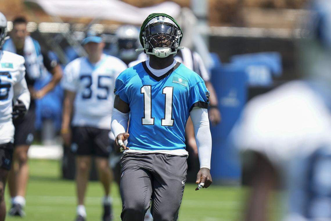 Jun 11, 2025; Charlotte, NC, USA; Carolina Panthers linebacker Nic Scourton (11) during minicamp at Bank of America Stadium. Mandatory Credit: Jim Dedmon-Imagn Images