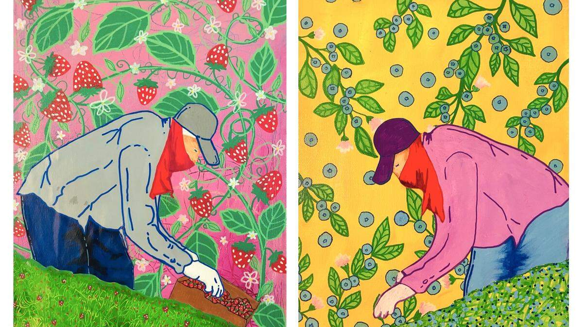 A pair of paintings by OBRA Collective artist Zuleyma Castrejon that are among her favorites: “Fruits of Their Labor: Part 1 (Strawberries)” and “Fruits of Their Labor: Part 2 (Blueberries).” Acrylic and collage on canvas.