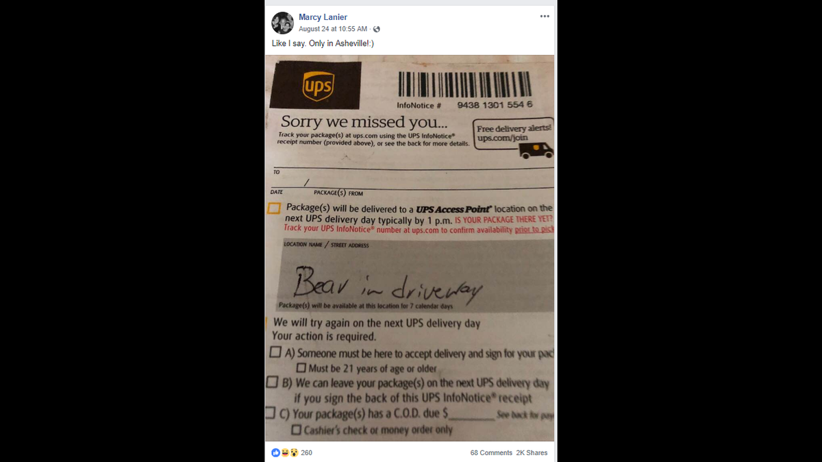 This is the receipt Marcy Lanier posted on Facebook, explaining why a package wasn’t delivered to the front door.