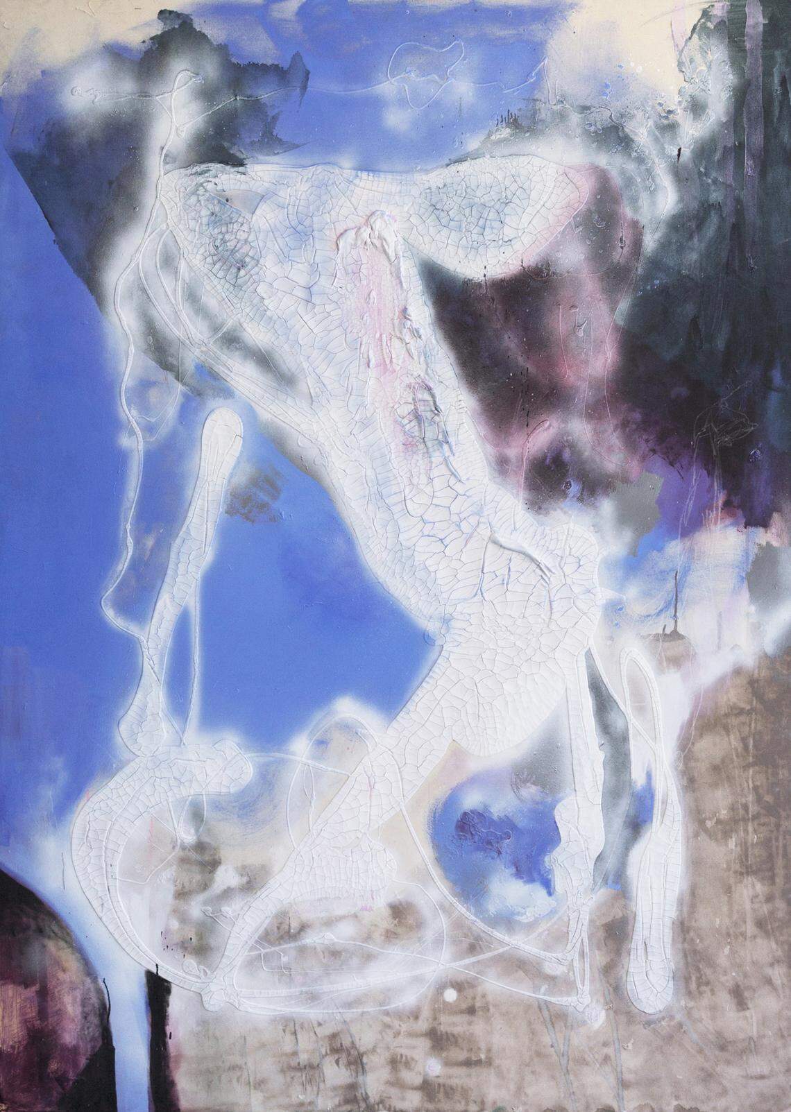 This piece by Katherine Boxall is titled “Hairflip.” It’s acrylic, oil, chalk and spray paint on canvas.