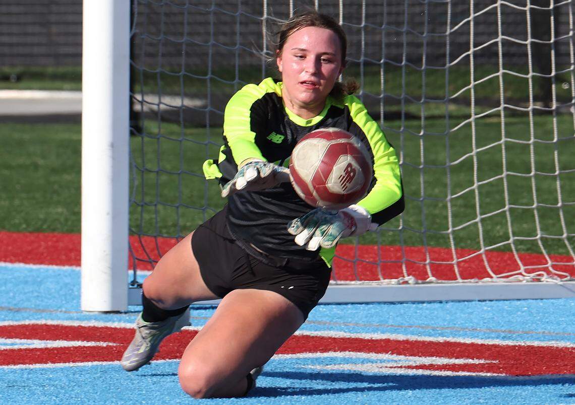Charlotte Catholic goalie Fallon Leckner warms up prior to action against Piedmont on April 15, 2026. 