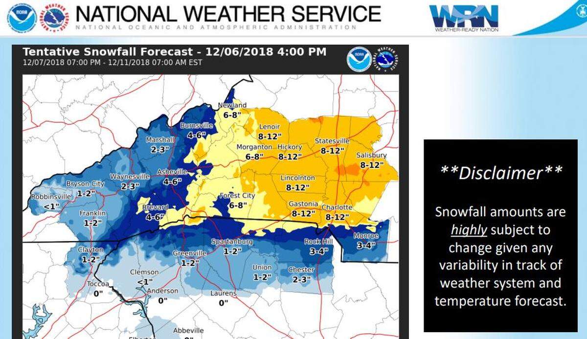 A 4 p.m. Thursday National Weather Service predicted-snowfall map shows 8 to 12 inches are expected in most all of Mecklenburg, Gaston, Lincoln, Catawba, Iredell and Rowan counties. Extreme southern Mecklenburg County could see 6 to 8 inches, according to the map.