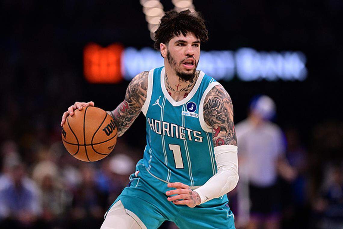 LaMelo Ball of the Charlotte Hornets handles the ball during the first half against the Oklahoma City Thunder at Paycom Center.