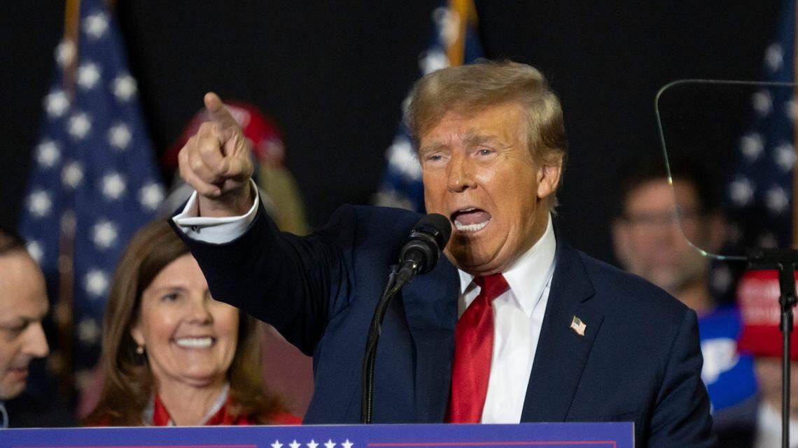 Former president Donald Trump speaks at a campaign rally in Manchester, NH, on Jan. 20, 2024.