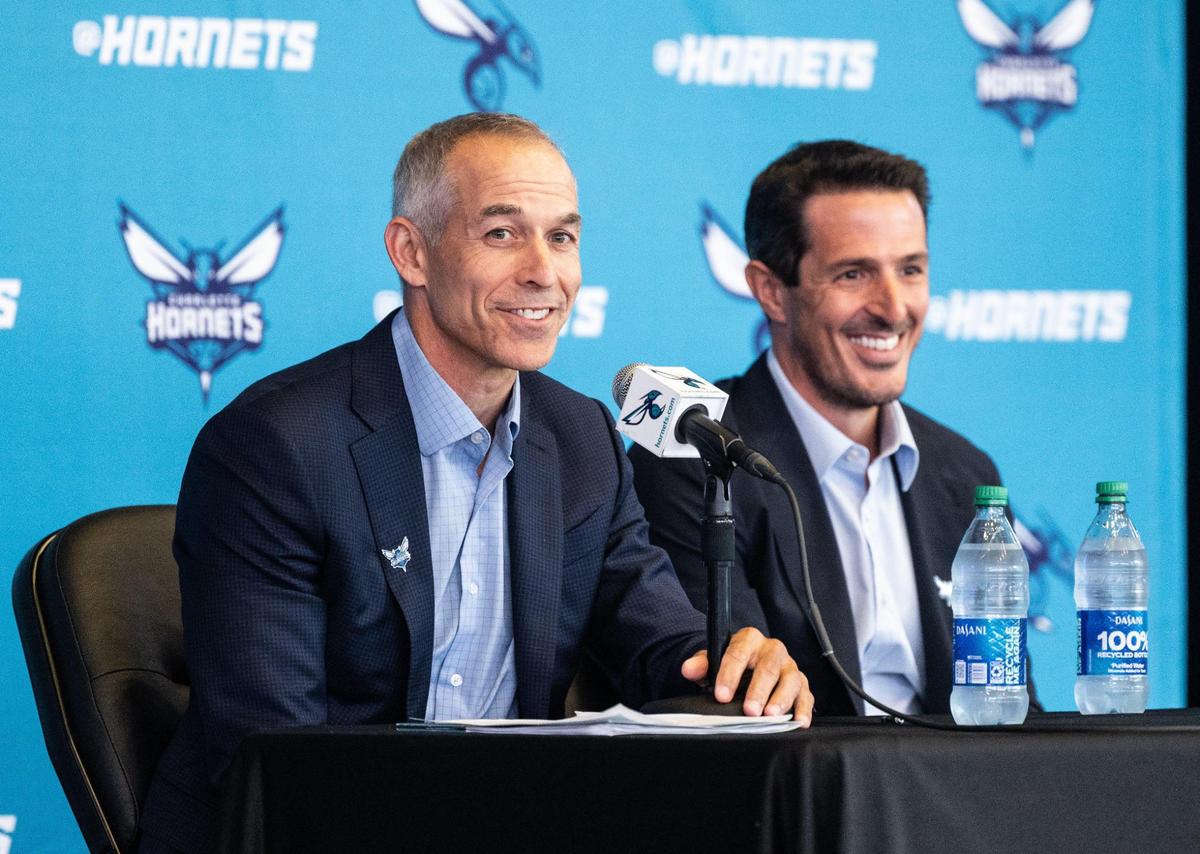 The new co-owners of the Charlotte Hornets, Rick Schnall, left and Gabe Plotkin speak during a press conference at the Spectrum Center in Charlotte, N.C., on Thursday, August 3, 2023.