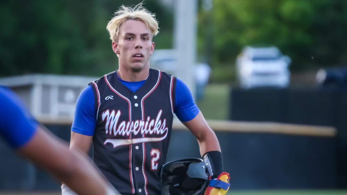 Marvin Ridge’s Nico Soul reacts after hitting a home run in a second round NCHSAA 4A baseball playoff game at Hough High School on May 9, 2025