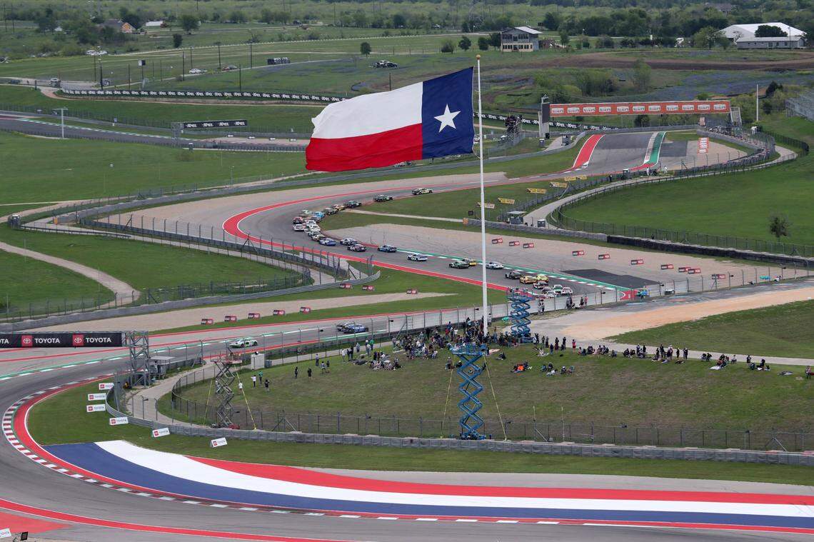 Mar 24, 2024; Austin, Texas, USA; A general view of the field moving through corners 5 and 6 during the NASCAR Cup Series EchoPark Automotive Grand Prix at Circuit of the Americas.